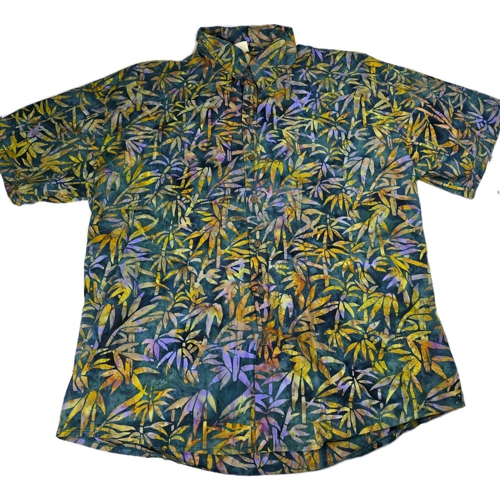 Mens Turtle Island Button‎ Up Shirt Short Sleeve Palm Leaf Print Large Hawaiian